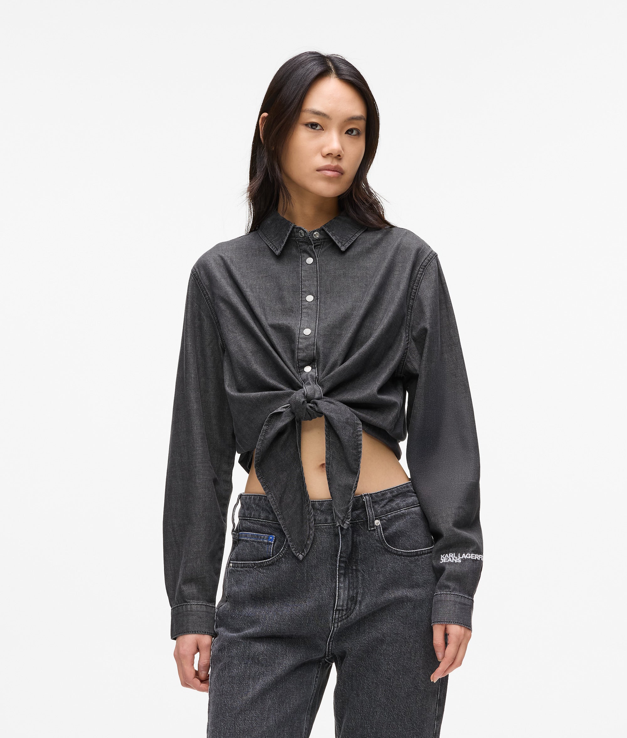 Tie-front denim shirt