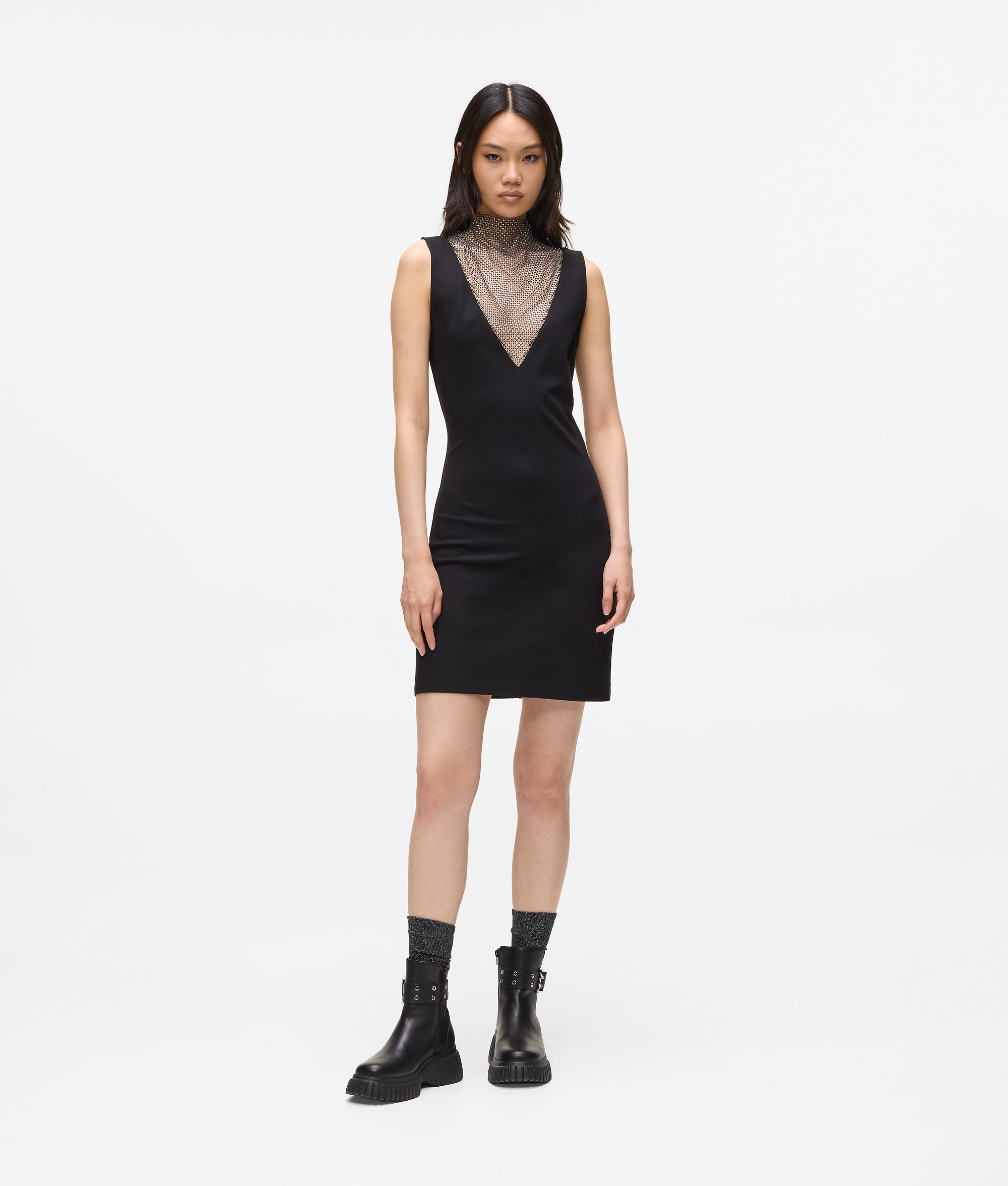 V-neck rhinestone mesh dress